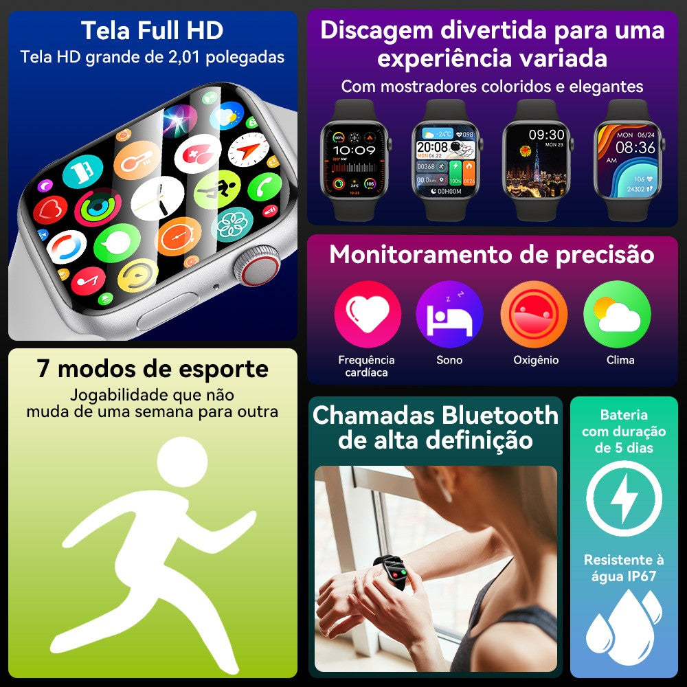 Smartwatch Série 9 AMOLED 2024 – GPS, NFC, Chamadas e Monitor de Saúde