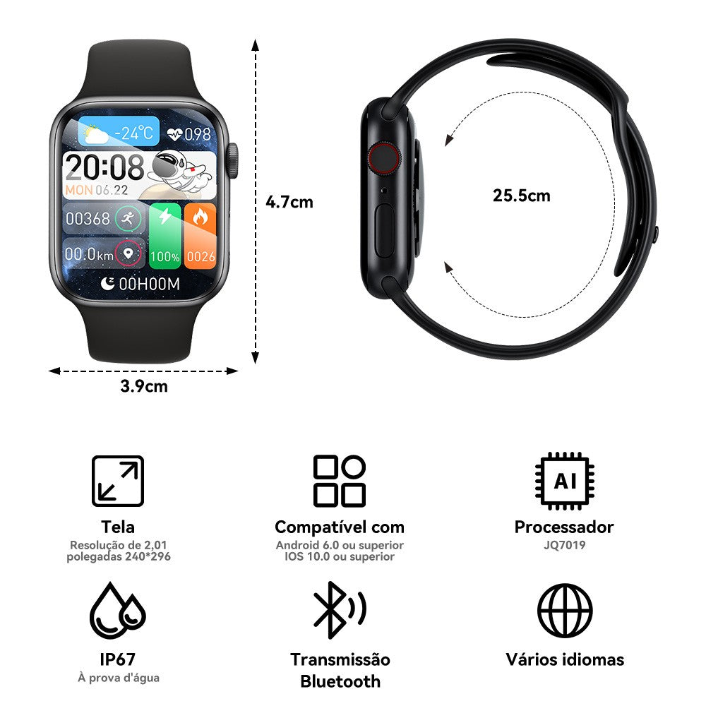 Smartwatch Série 9 AMOLED 2024 – GPS, NFC, Chamadas e Monitor de Saúde